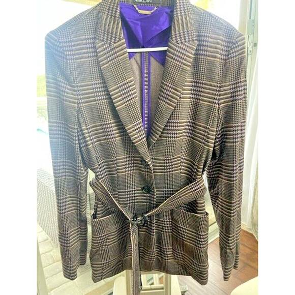 Marc Cain Women’s Plaid Tan Purple Blazer Jacket N4 US Size 10 NWT Retail $790 - Picture 1 of 14